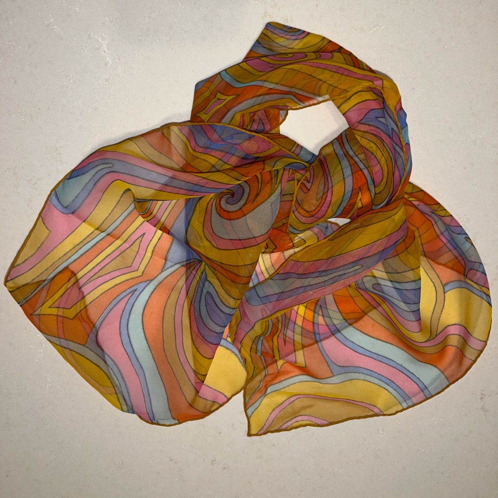 Sheer Paisley 1970s Mod Scarf /Ponytail Tie/Wrap Orange/Pink/Blue/Yellow 15βx44β - Picture 5 of 16